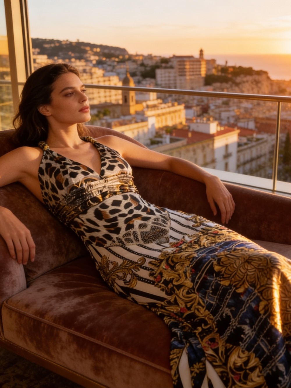 Sleeveless Animal-Print & Baroque Maxi Dress in Black and Gold
